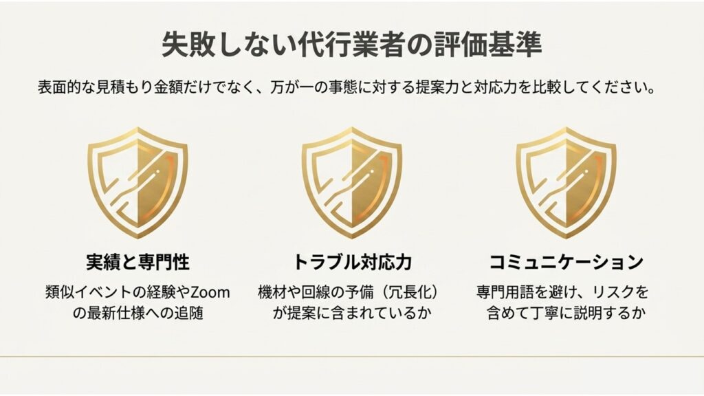 実績と専門性、トラブル対応力、コミュニケーションの3つを評価基準とする盾のイラスト