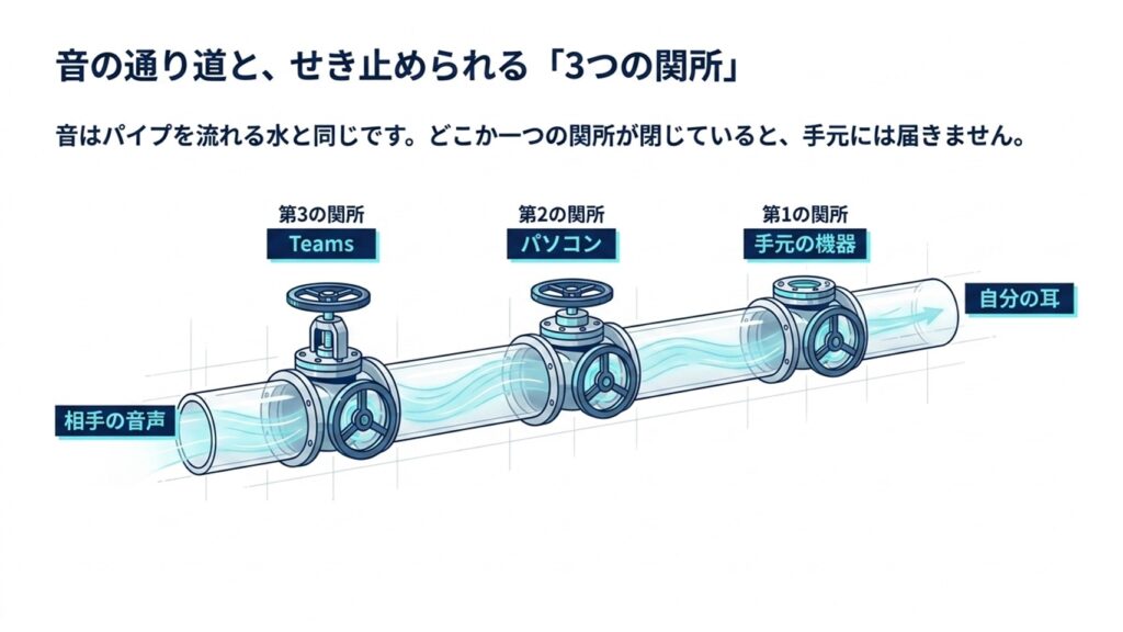 音声が届くまでの3つの関所（手元の機器、パソコン、Teams）を図解したパイプのイラスト