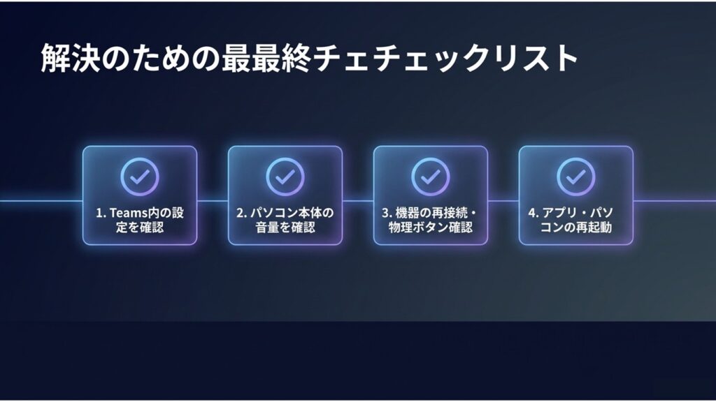Teams内の設定、パソコンの音量、機器の再接続、再起動をまとめた解決のための最終チェックリスト