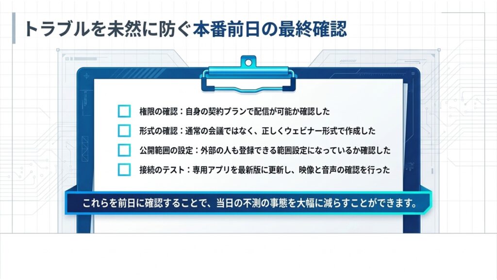 権限、形式、公開範囲の設定、接続テストなど、トラブルを未然に防ぐための本番前日の確認リスト
