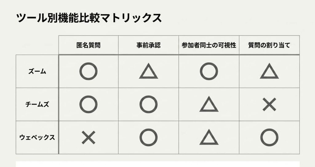 Microsoft TeamsウェビナーにおけるQ&Aのモデレーション機能（事前確認）と情報の見え方を示したスライド