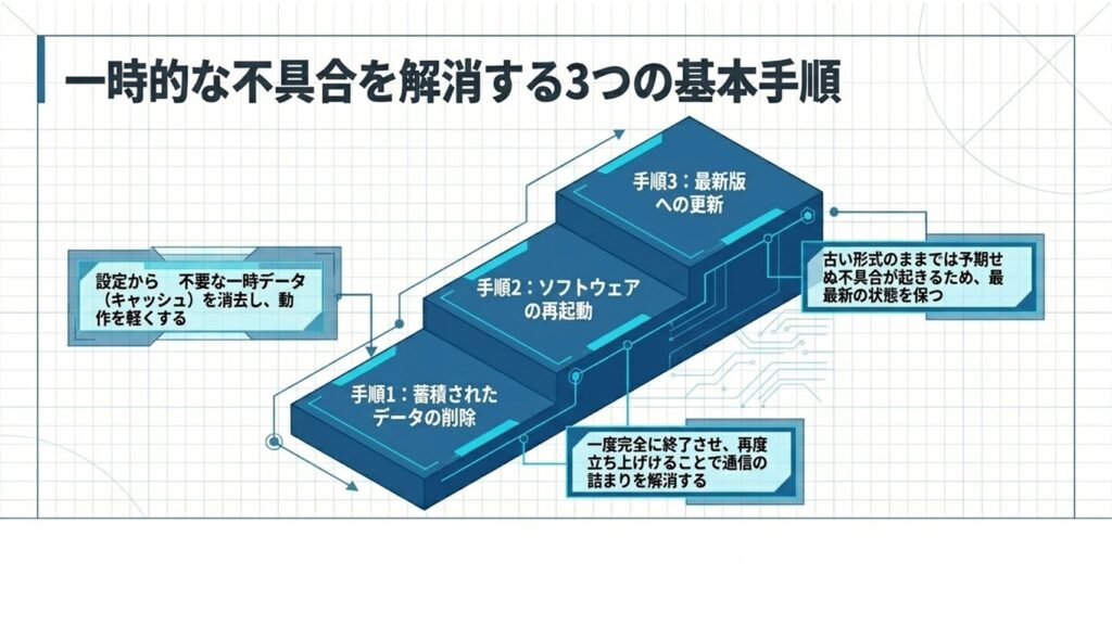 キャッシュ消去、ソフトウェアの再起動、最新版への更新という一時的な不具合を解消する3つの手順