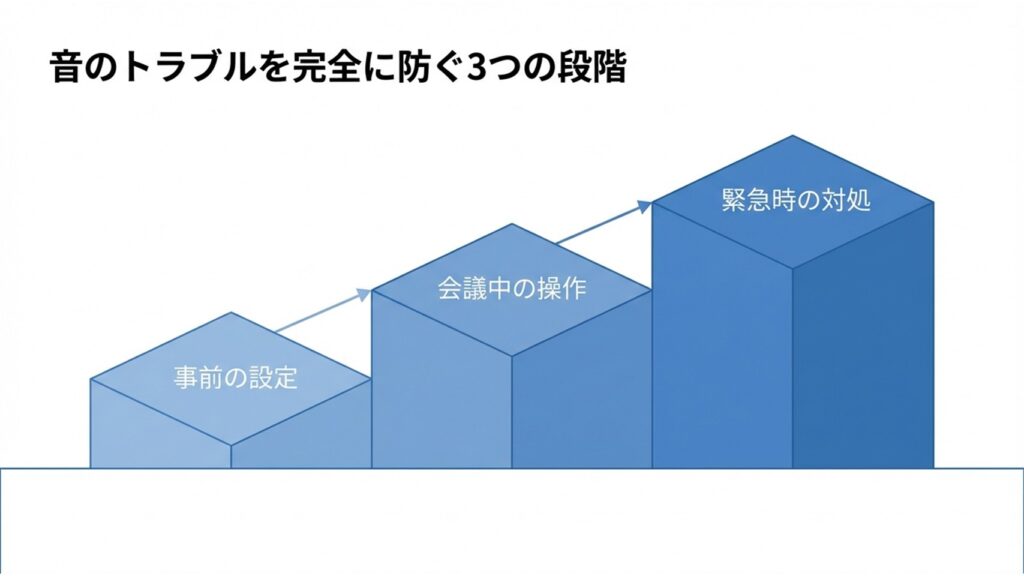 事前の設定、会議中の操作、緊急時の対処という、音のトラブルを完全に防ぐ3つの段階を示した図