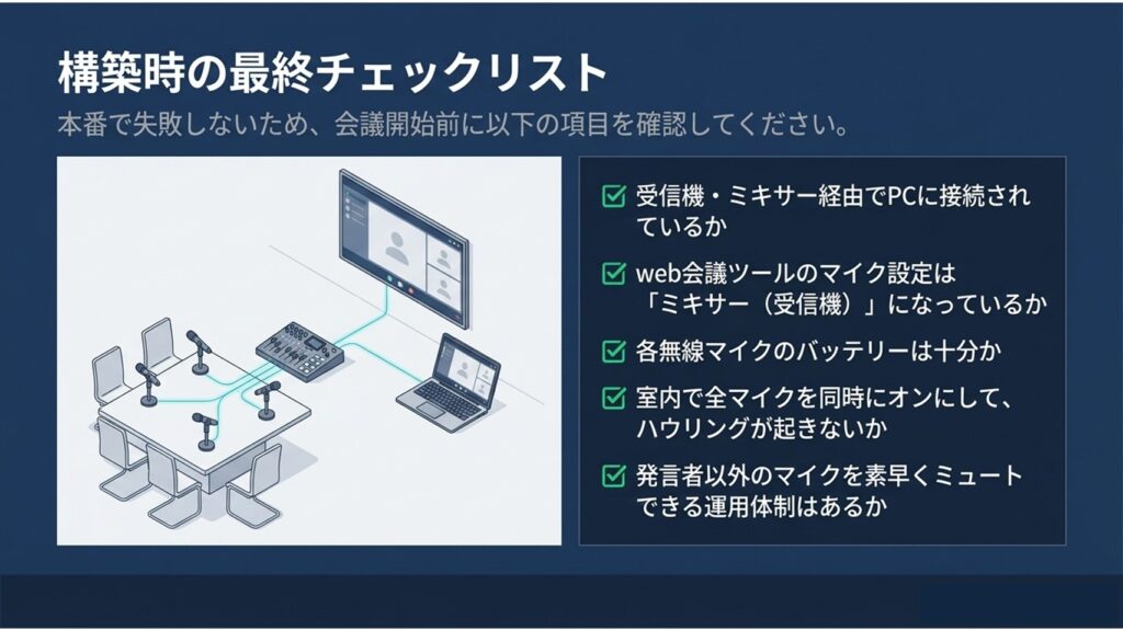 本番環境での失敗を防ぐために、会議開始前に行うミキサー・受信機経由のPC接続確認やハウリングの有無などを確認する最終チェックリスト