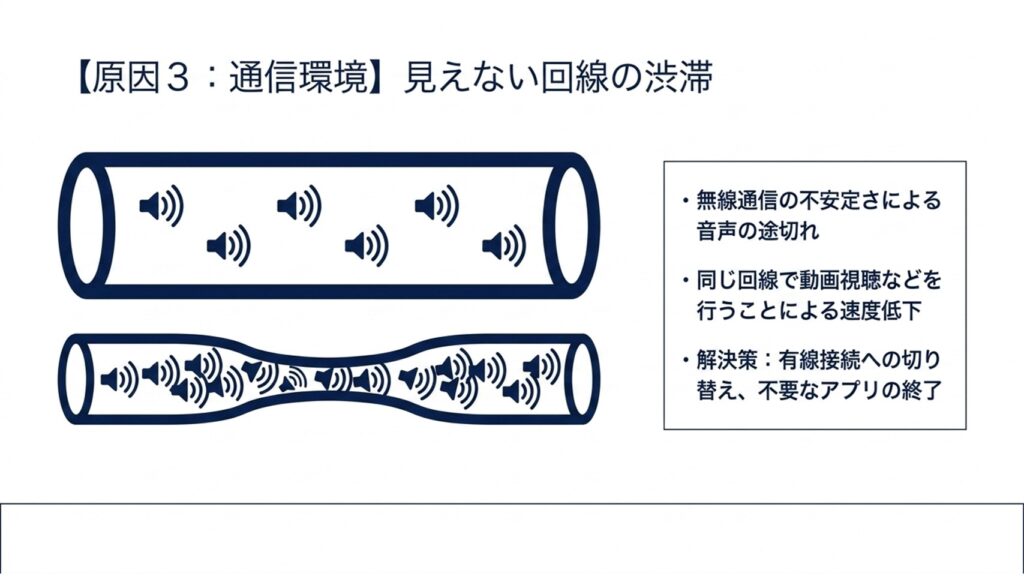 無線通信の不安定さや回線の混雑による音声トラブルと、有線接続や不要なアプリの終了といった解決策