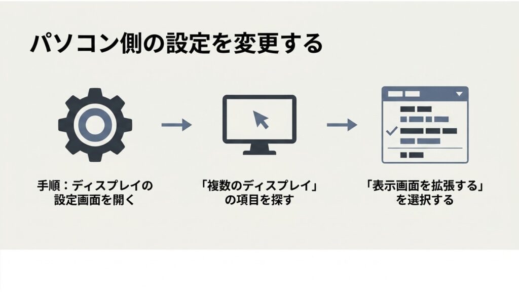 ディスプレイ設定から「複数のディスプレイ」を探し、「表示画面を拡張する」を選択するまでの操作手順。