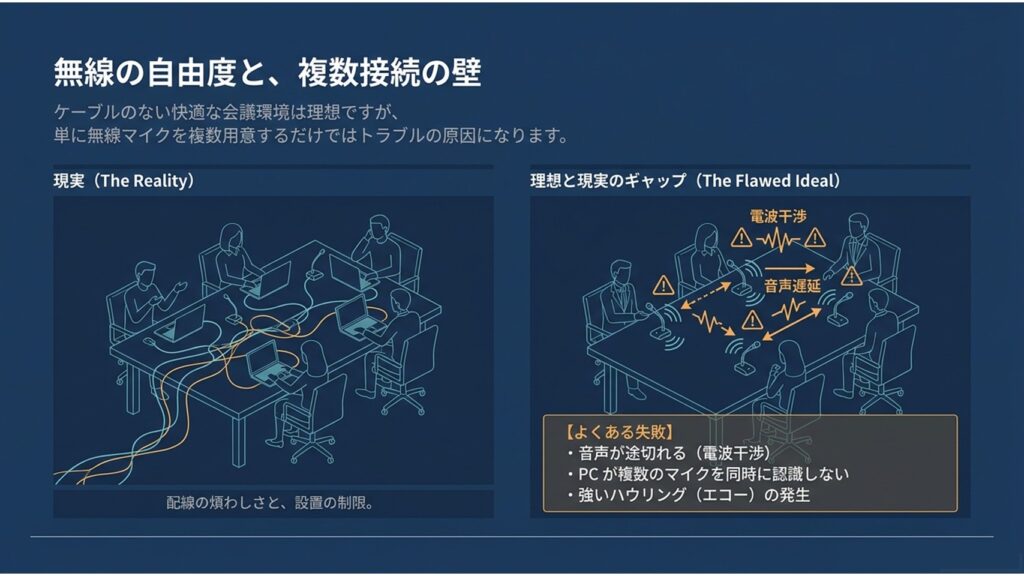 会議室の複雑なマイク配線による制限と、無線化の際に起こりがちな電波干渉や音声遅延、ハウリングなどのトラブル事例を示す図解