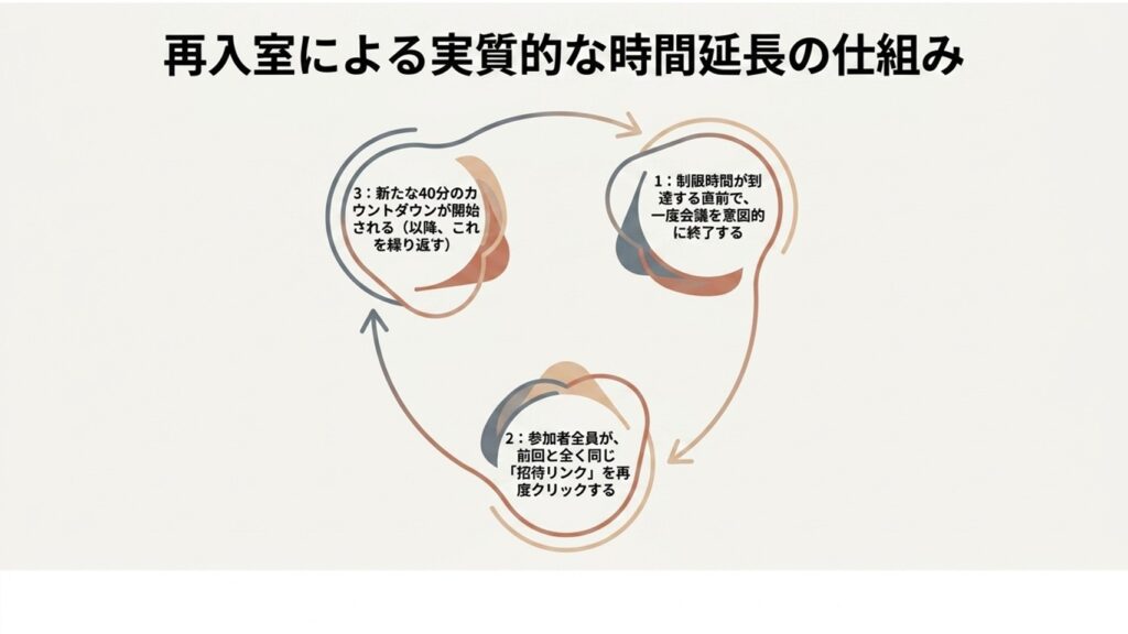 会議終了、同じリンクのクリック、新たなカウントダウン開始という再入室の3ステップを示すサイクル図
