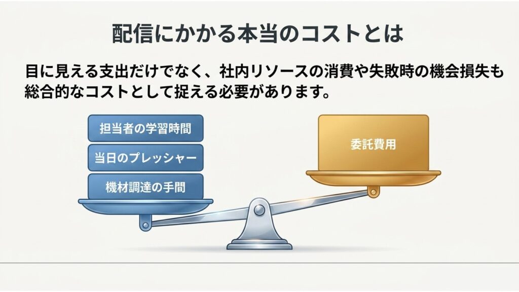 担当者の学習時間やプレッシャーなどの見えない負担と委託費用を天秤にかけるイラスト