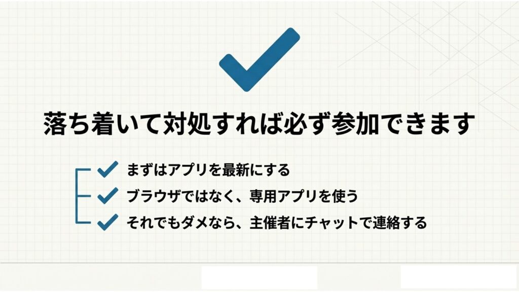 アプリ更新、専用アプリ使用、主催者への連絡をまとめたチェックマーク付きの画像
