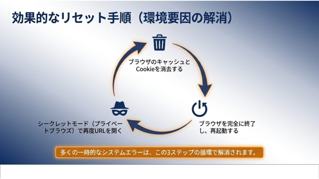 ブラウザのキャッシュクリア、シークレットモードでの再試行、ブラウザの再起動という3つの効果的なリセット手順