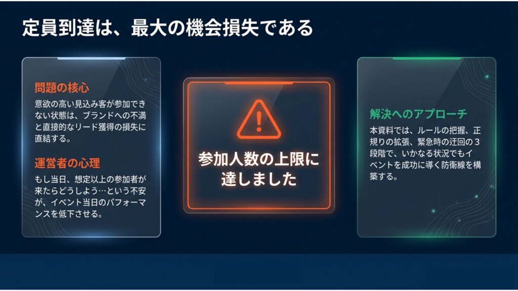 Zoomウェビナーで参加人数の上限に達した際のエラー画面と、それがもたらす機会損失や運営者の心理的負担を示すスライド画像