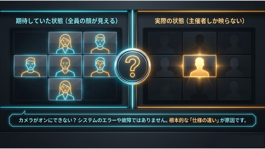 期待していた全員の顔が見える状態と、実際の主催者しか映らない状態の比較