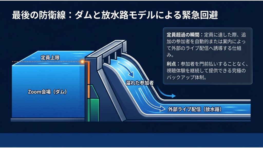 Zoom会場をダム、外部ライブ配信を放水路に見立て、定員を超過した参加者を門前払いせずYouTubeなどへ誘導する仕組みの図解