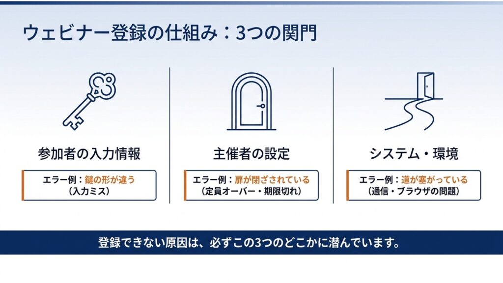 ウェビナー登録を妨げる3つの関門（参加者の入力情報、主催者の設定、システム・環境）を示す図解
