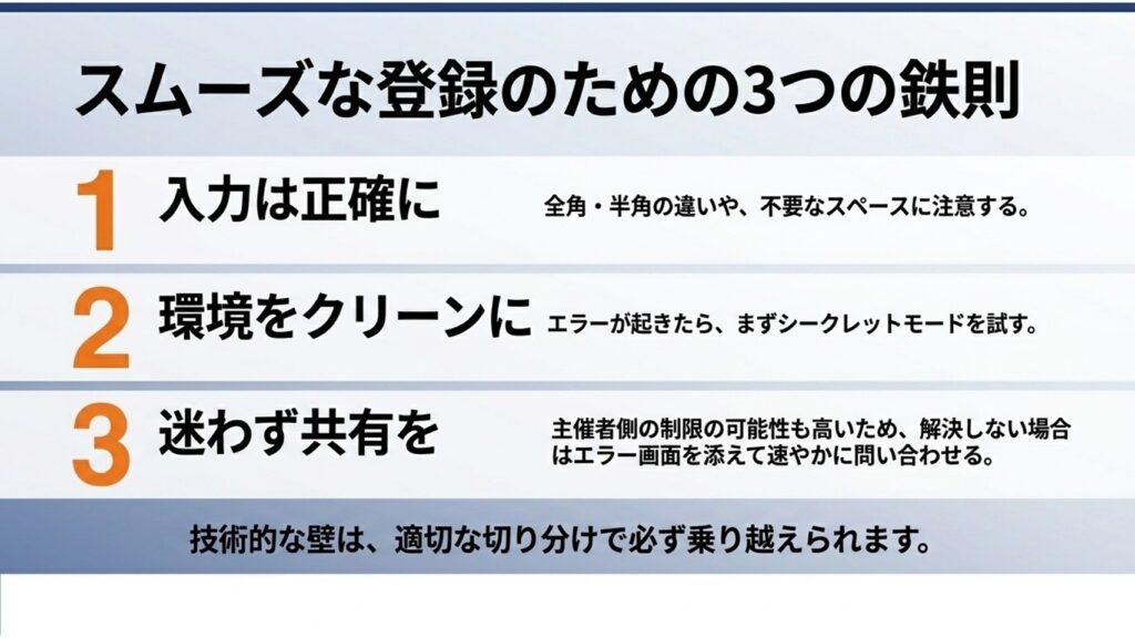 スムーズに登録するための3つの鉄則（正確な入力、クリーンな環境、主催者への速やかな共有）