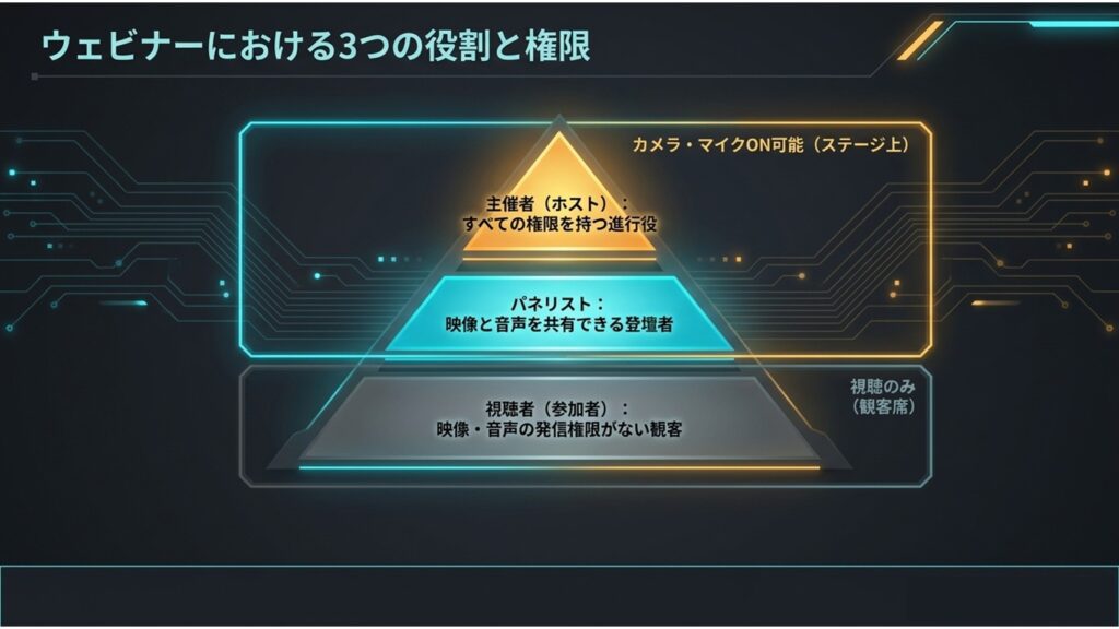 ホスト、パネリスト、視聴者（参加者）の3つの役割とそれぞれの映像・音声発信権限を示す図