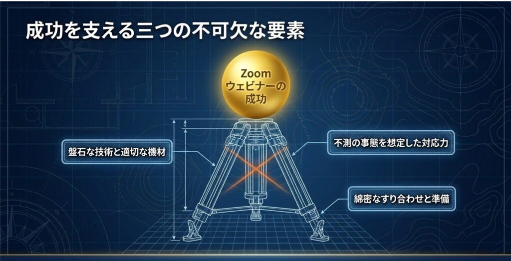 Zoomウェビナー成功を支える三つの不可欠な要素（盤石な技術と適切な機材、不測の事態を想定した対応力、綿密なすり合わせと準備）