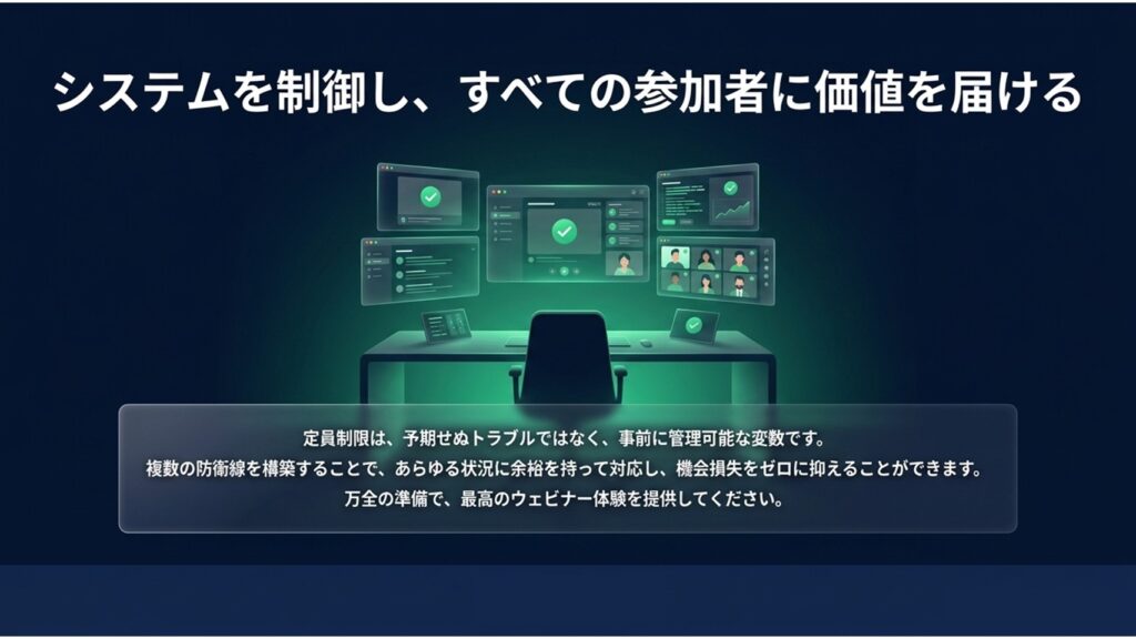 複数の防衛線を構築してシステムを制御し、予期せぬトラブルを防いですべての参加者に最高のウェビナー体験を提供することを表現したイラスト