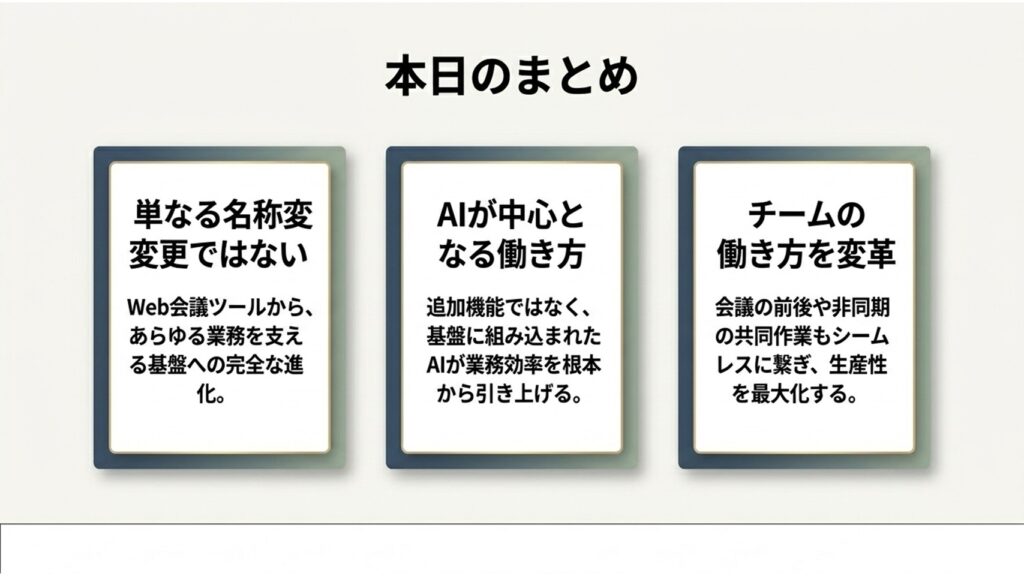 単なる名称変更ではなく、AIが中心となりチームの働き方を変革する次世代基盤への進化であるというまとめ