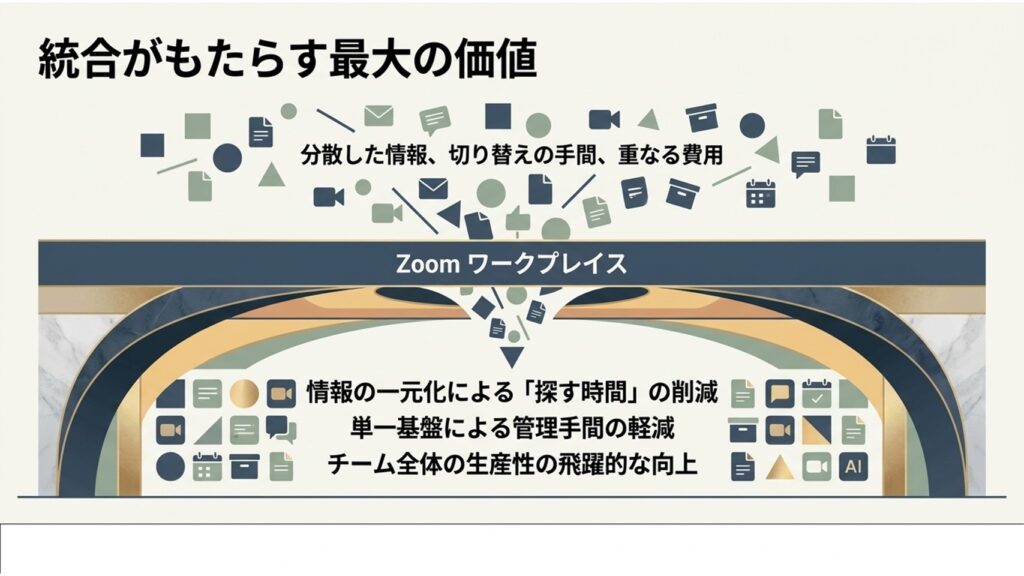 分散した情報や切り替えの手間をなくし、情報の一元化による探す時間の削減や生産性の向上をもたらす価値を示した図解