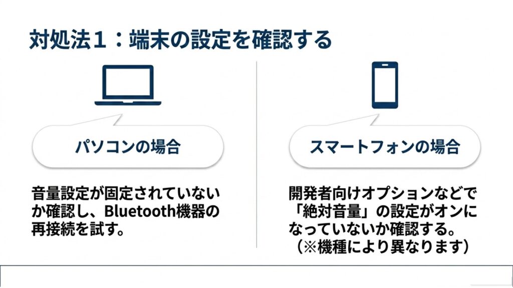 パソコンの場合は音量設定の固定確認とBluetooth再接続を試し、スマートフォンの場合は開発者向けオプションで絶対音量の設定を確認する手順