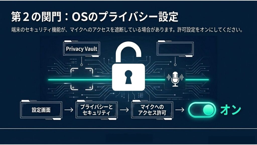 設定画面から「プライバシーとセキュリティ」へ進み、マイクへのアクセス許可をオンにする手順