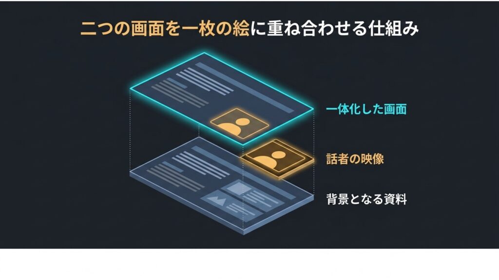 背景となる資料の上に話者の映像を重ねて一体化した画面を作るレイヤー構造の解説図