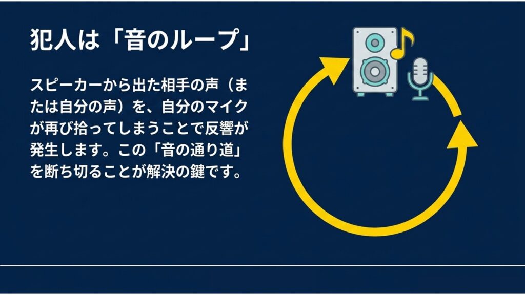 スピーカーから出た音をマイクが再び拾ってしまう音のループの図解