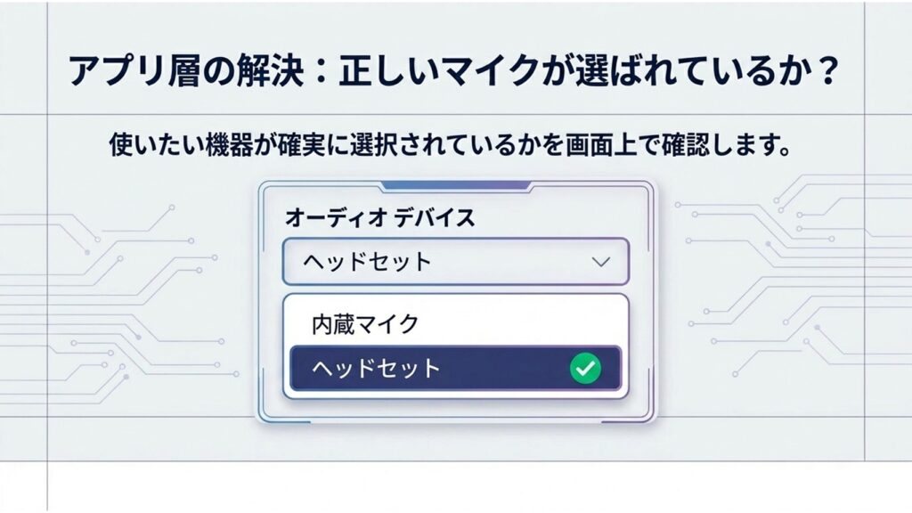 Teamsのオーディオデバイス設定画面で正しいヘッドセットや内蔵マイクを選択するイメージ