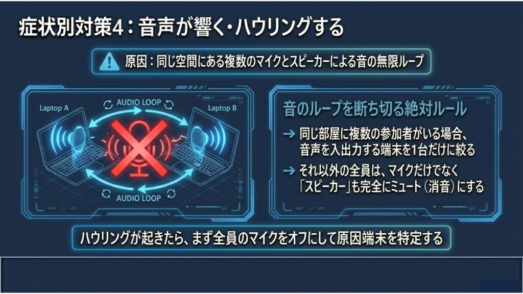 複数のノートパソコン間で発生するマイクとスピーカーの音のループ（ハウリング）を図解したイメージ