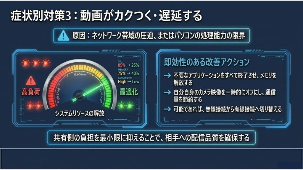 ネットワーク帯域の圧迫やPCの処理能力の限界を示す高負荷メーターと最適化のイメージ