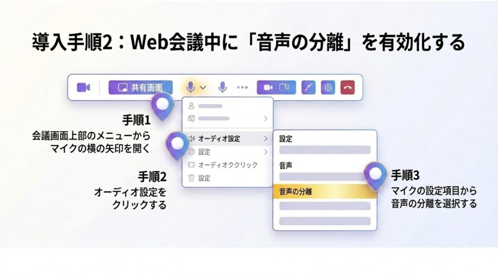 Teams会議画面のマイク設定から音声の分離をオンにする手順
