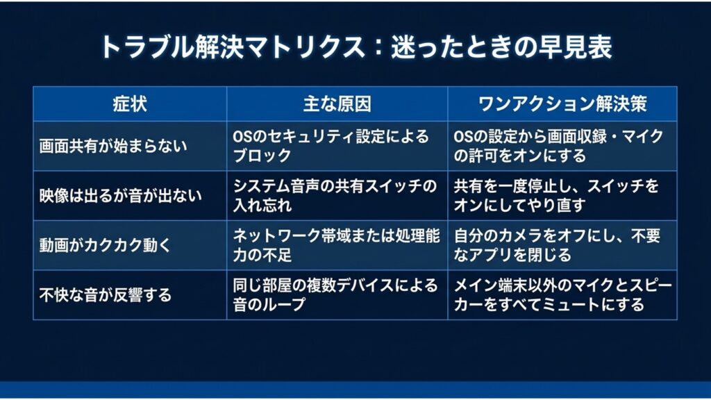 画面共有ができない、音が出ない、カクつく、反響するなどの症状とワンアクション解決策をまとめた表