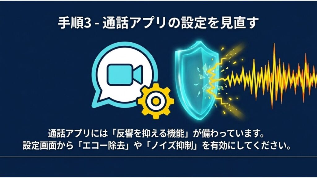通話アプリのエコー除去やノイズ抑制設定を見直すイメージ