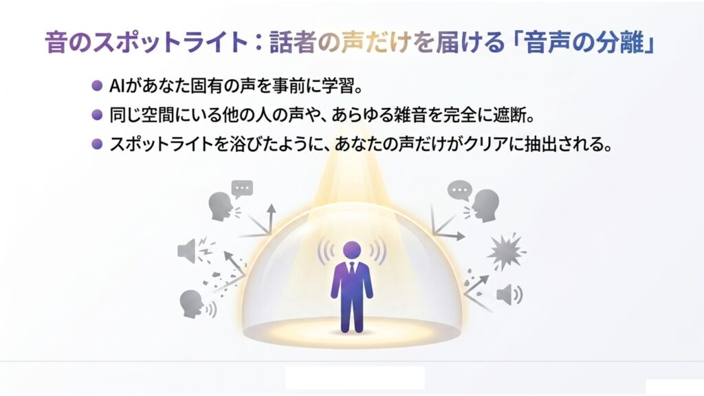 音のスポットライトのように話者の声だけを抽出するイメージ図
