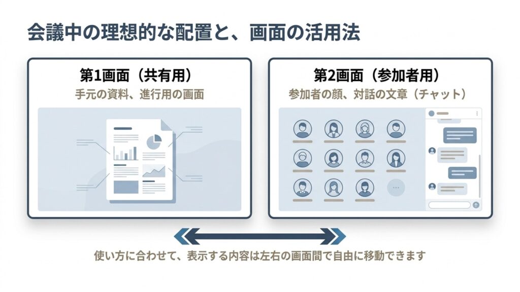 第1画面に資料、第2画面に参加者の顔を表示したZoomの理想的なレイアウト