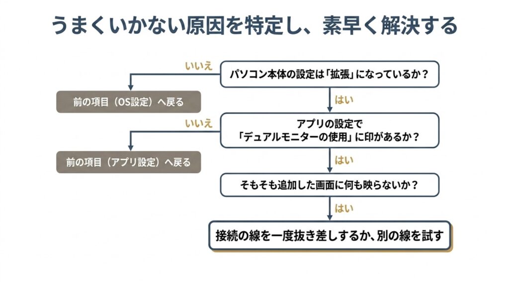 画面が映らない等のトラブル原因を特定するフローチャート