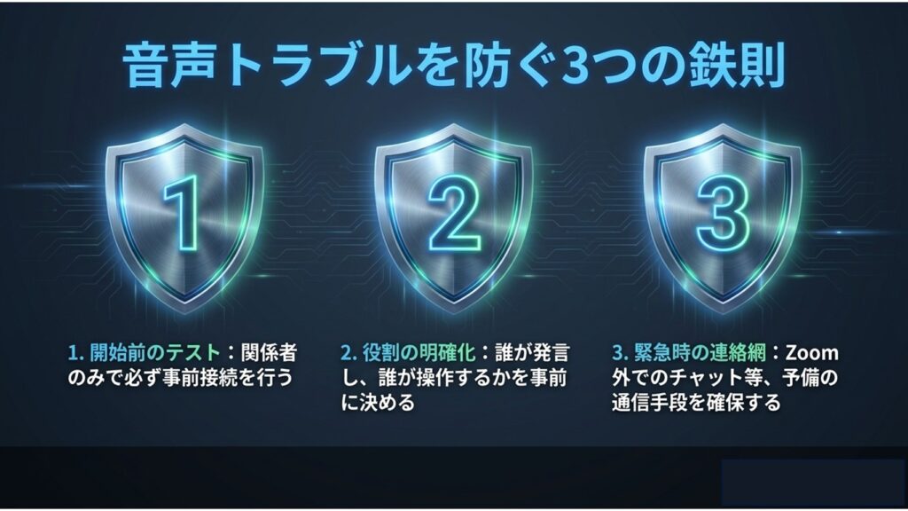 開始前のテスト、役割の明確化、緊急時の連絡網という音声トラブルを未然に防ぐための3つの鉄則